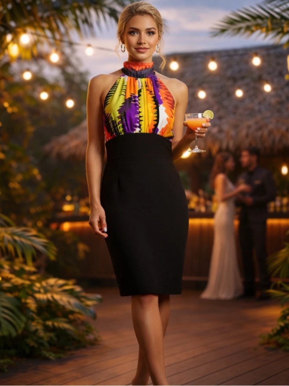 Trina Turk Silk Halter Cocktail Dress Size 10 Colorblock Sheath USA
